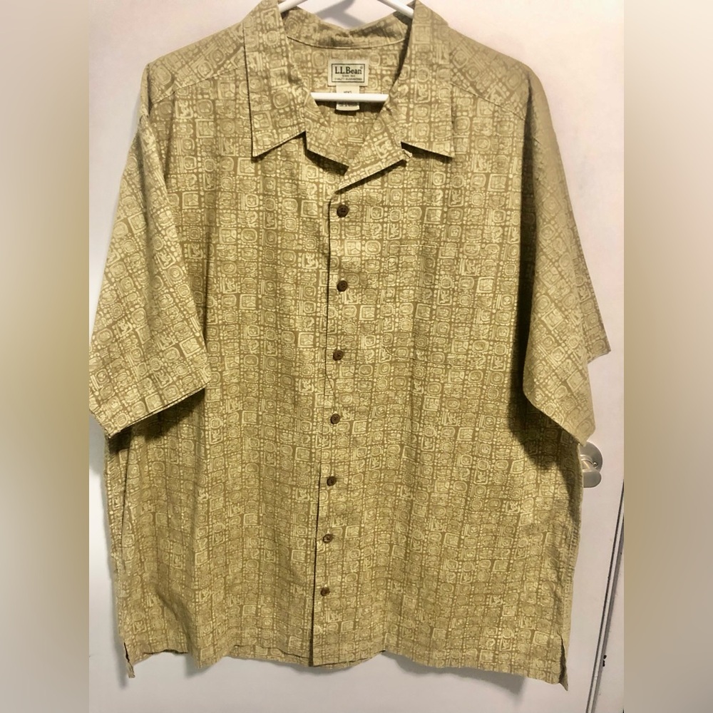 LL Bean Shirt Men's XL Tall Brown Short Sleeve Camp Aztec Print Mayan Symbol